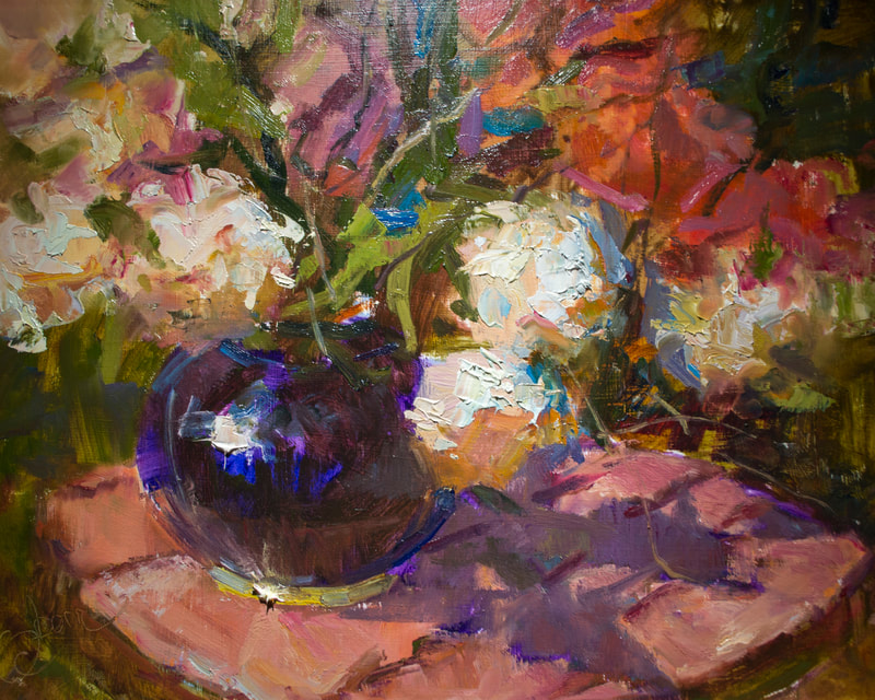 Snowballs and Iris in Black vase